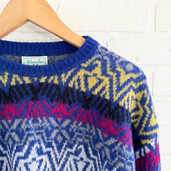 Vintage Knit Sweater Benetton Fair Isle Southwestern Cobalt blue Mohair - Picture 8 of 11
